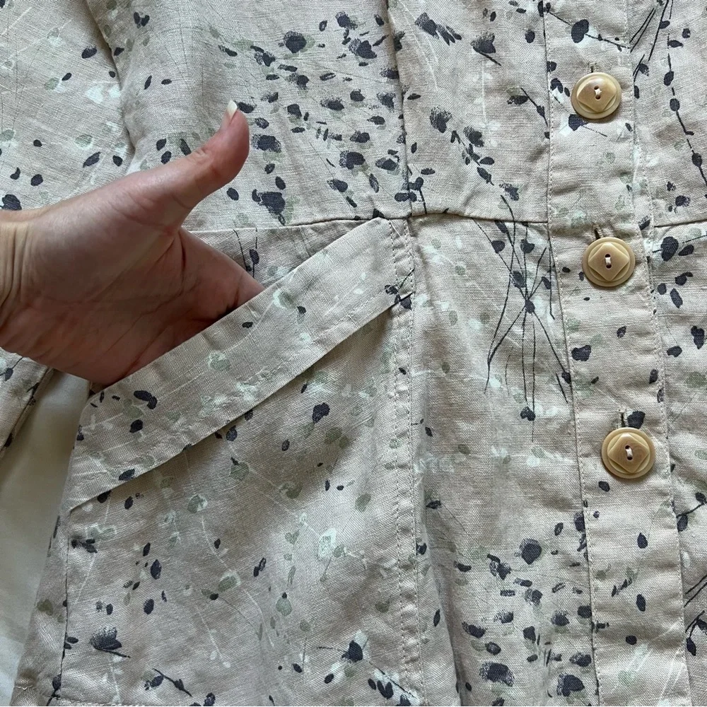 FLAX Designs 100% Linen Pink Floral‎ Peplum Button Blouse Top Size S